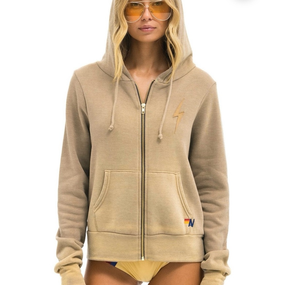Aviator Nation bolt stitch zip hoodie faded tan